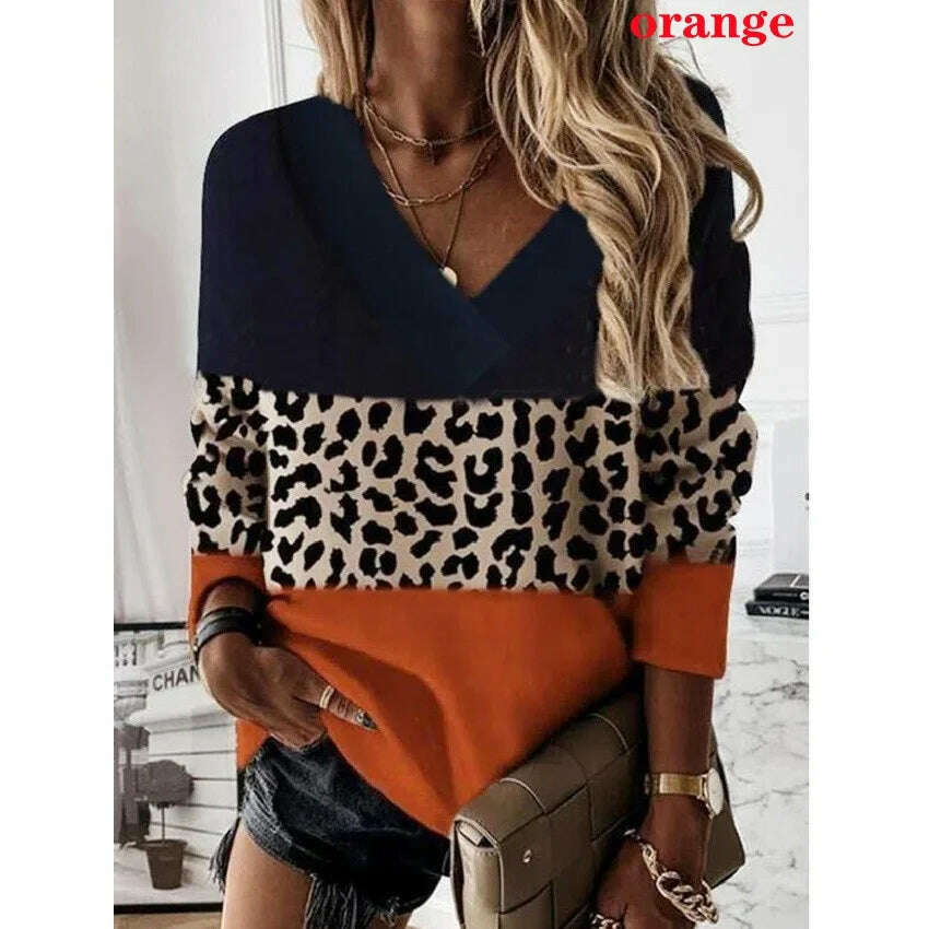 2022 Women Fashion Plus Size Loose Casual Blouses Long Sleeve Leopard Print Floral Print V Neck Spring And Autumn Tops - KIMLUD