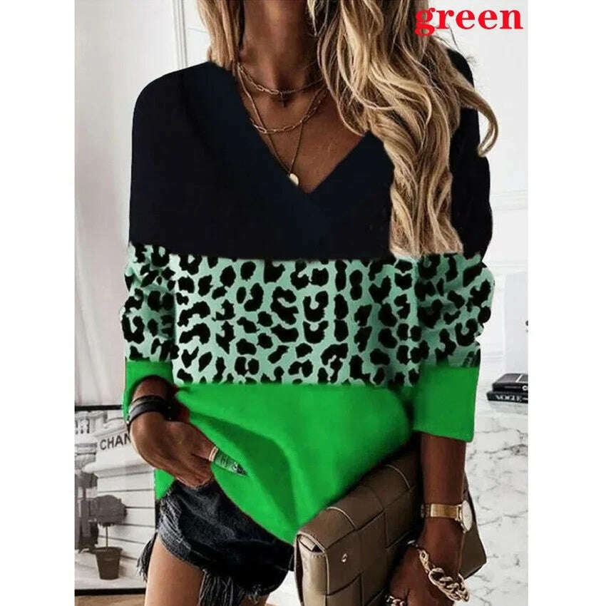 2022 Women Fashion Plus Size Loose Casual Blouses Long Sleeve Leopard Print Floral Print V Neck Spring And Autumn Tops - KIMLUD