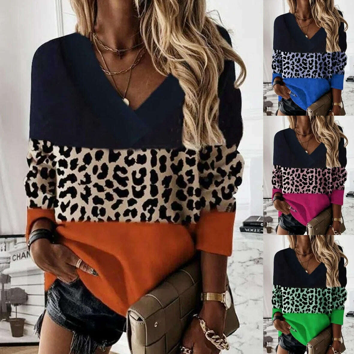 2022 Women Fashion Plus Size Loose Casual Blouses Long Sleeve Leopard Print Floral Print V Neck Spring And Autumn Tops - KIMLUD