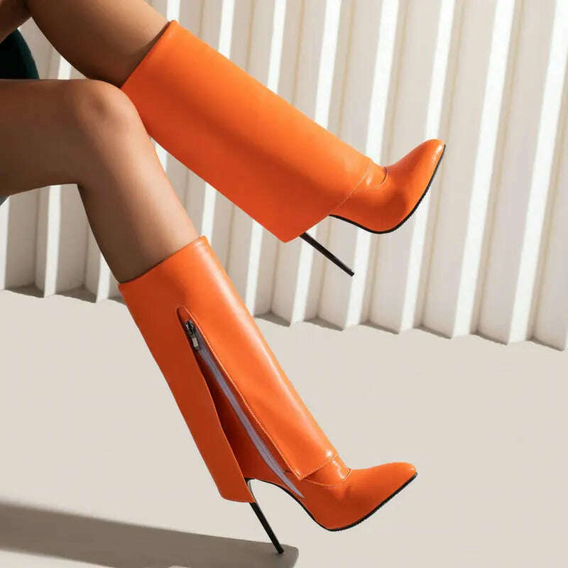 2022 Women Mid Calf Boots Pointed Toe Thin High Heel Ladies Short Boots PU Leather Side Zipper Sexy Women's Boots Plus Size 43 - KIMLUD