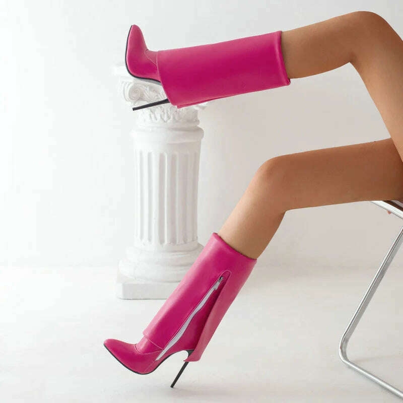 2022 Women Mid Calf Boots Pointed Toe Thin High Heel Ladies Short Boots PU Leather Side Zipper Sexy Women's Boots Plus Size 43 - KIMLUD