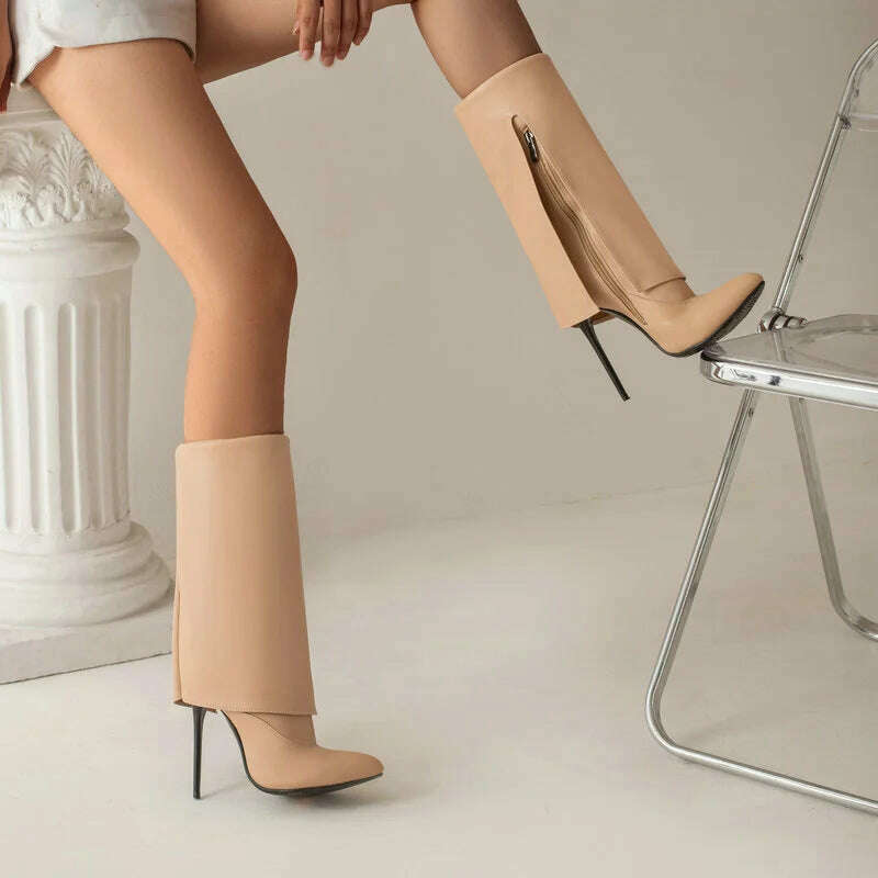 2022 Women Mid Calf Boots Pointed Toe Thin High Heel Ladies Short Boots PU Leather Side Zipper Sexy Women's Boots Plus Size 43 - KIMLUD
