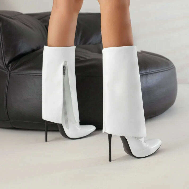 2022 Women Mid Calf Boots Pointed Toe Thin High Heel Ladies Short Boots PU Leather Side Zipper Sexy Women's Boots Plus Size 43 - KIMLUD