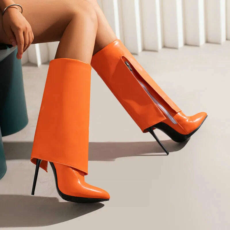 2022 Women Mid Calf Boots Pointed Toe Thin High Heel Ladies Short Boots PU Leather Side Zipper Sexy Women's Boots Plus Size 43 - KIMLUD