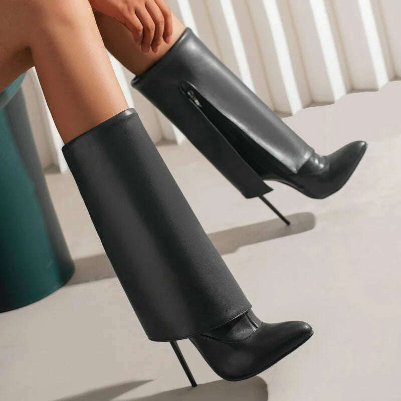 2022 Women Mid Calf Boots Pointed Toe Thin High Heel Ladies Short Boots PU Leather Side Zipper Sexy Women's Boots Plus Size 43 - KIMLUD