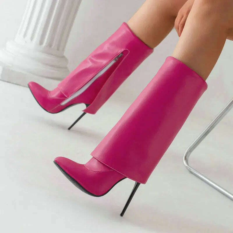2022 Women Mid Calf Boots Pointed Toe Thin High Heel Ladies Short Boots PU Leather Side Zipper Sexy Women's Boots Plus Size 43 - KIMLUD