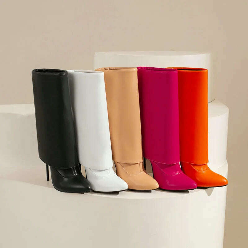 2022 Women Mid Calf Boots Pointed Toe Thin High Heel Ladies Short Boots PU Leather Side Zipper Sexy Women's Boots Plus Size 43 - KIMLUD