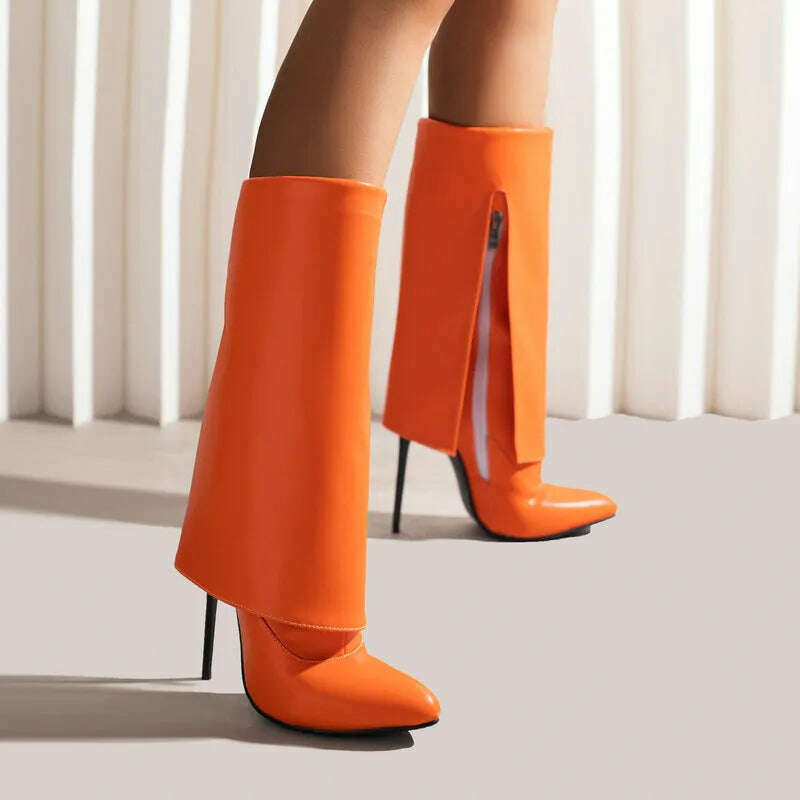 2022 Women Mid Calf Boots Pointed Toe Thin High Heel Ladies Short Boots PU Leather Side Zipper Sexy Women's Boots Plus Size 43 - KIMLUD