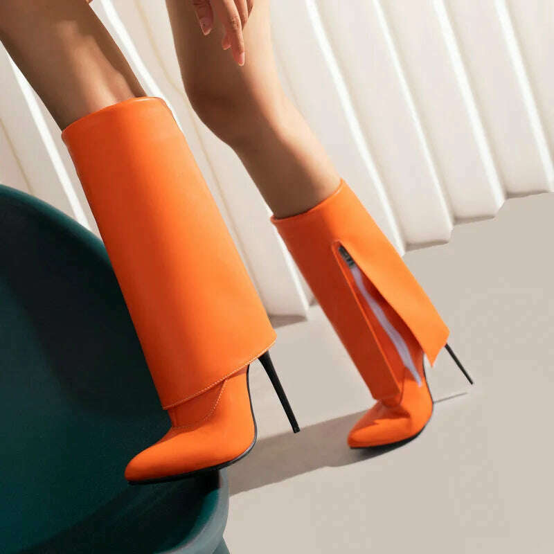 2022 Women Mid Calf Boots Pointed Toe Thin High Heel Ladies Short Boots PU Leather Side Zipper Sexy Women's Boots Plus Size 43 - KIMLUD