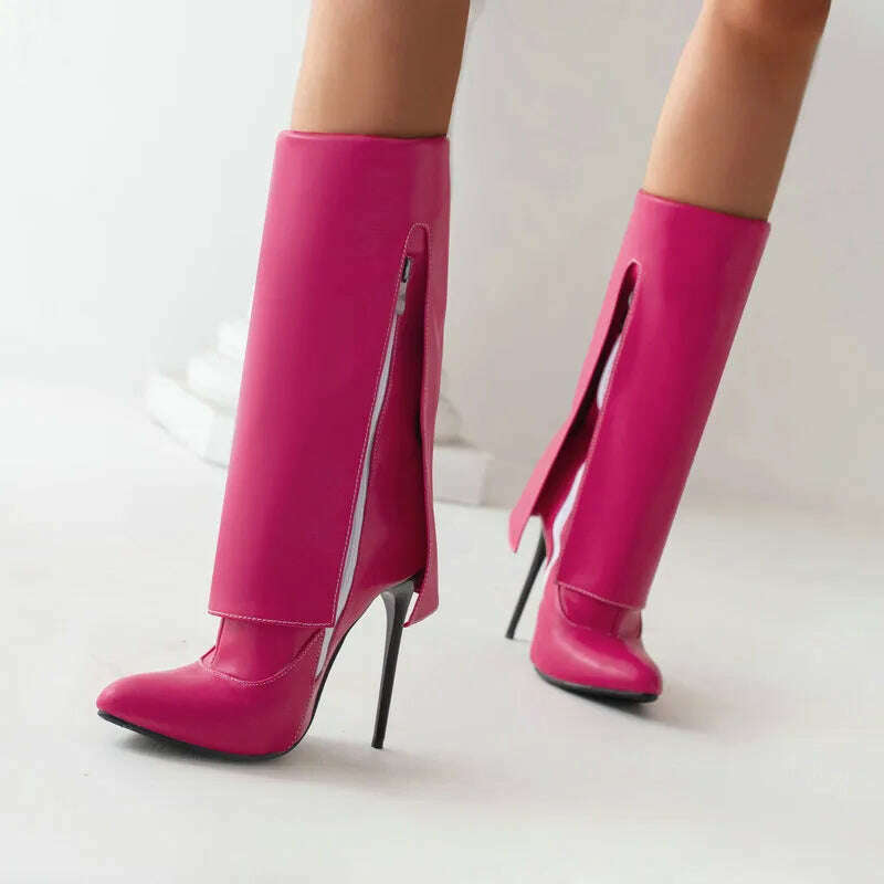 2022 Women Mid Calf Boots Pointed Toe Thin High Heel Ladies Short Boots PU Leather Side Zipper Sexy Women's Boots Plus Size 43 - KIMLUD