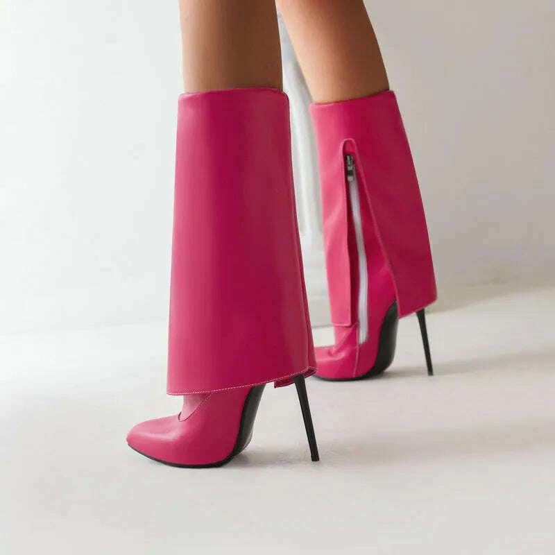 2022 Women Mid Calf Boots Pointed Toe Thin High Heel Ladies Short Boots PU Leather Side Zipper Sexy Women's Boots Plus Size 43 - KIMLUD