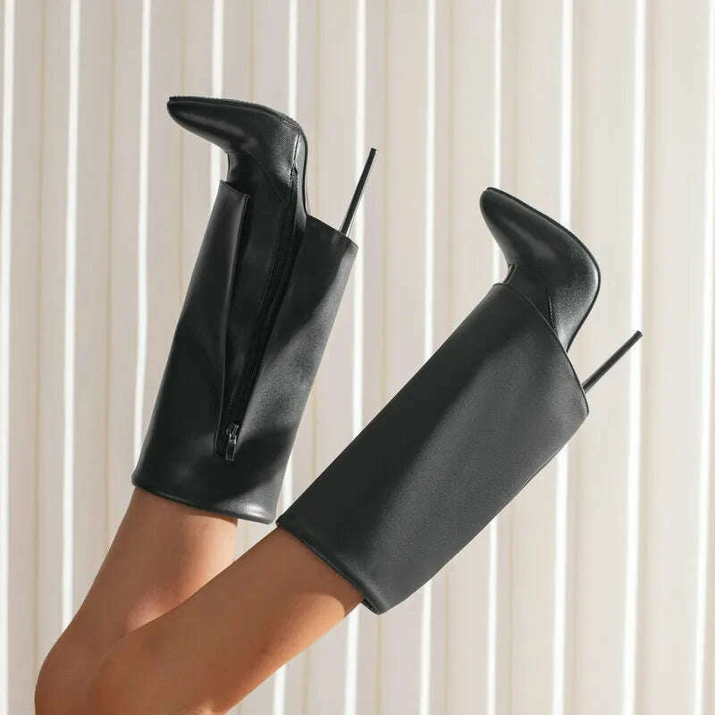 2022 Women Mid Calf Boots Pointed Toe Thin High Heel Ladies Short Boots PU Leather Side Zipper Sexy Women's Boots Plus Size 43 - KIMLUD