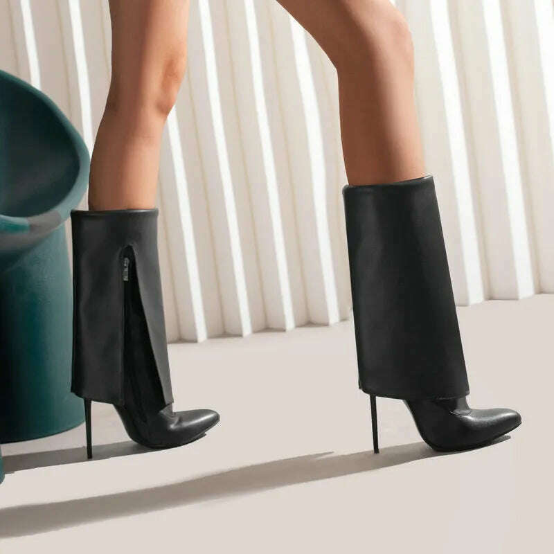 2022 Women Mid Calf Boots Pointed Toe Thin High Heel Ladies Short Boots PU Leather Side Zipper Sexy Women's Boots Plus Size 43 - KIMLUD