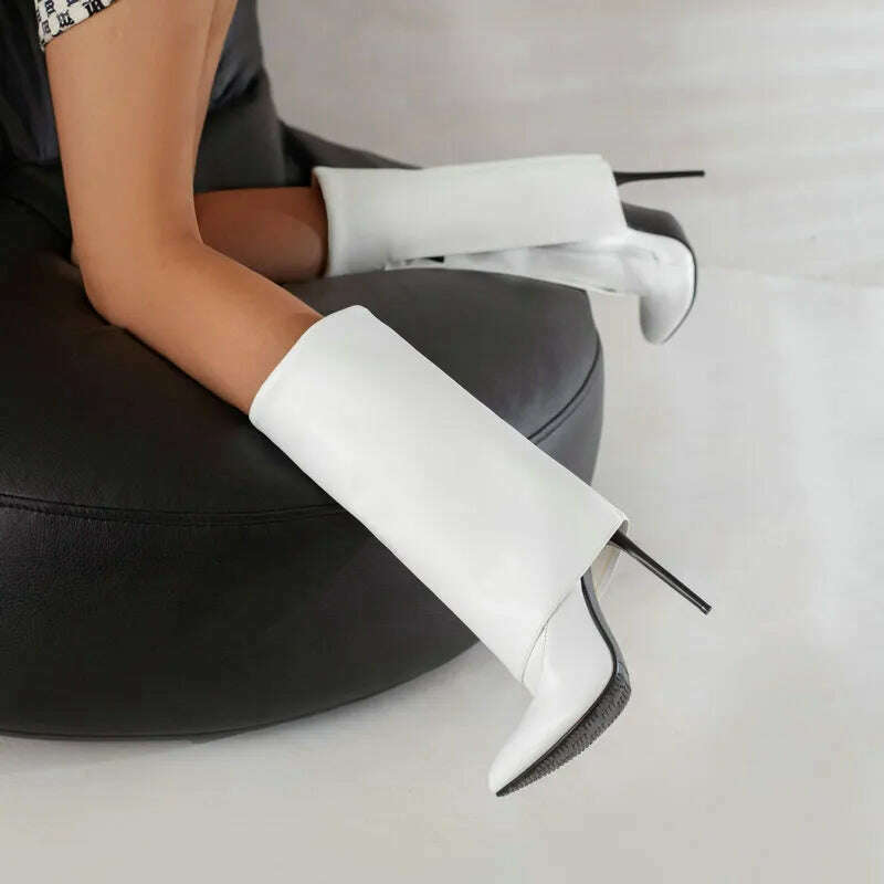 2022 Women Mid Calf Boots Pointed Toe Thin High Heel Ladies Short Boots PU Leather Side Zipper Sexy Women's Boots Plus Size 43 - KIMLUD