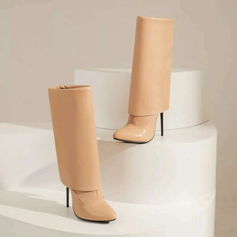 2022 Women Mid Calf Boots Pointed Toe Thin High Heel Ladies Short Boots PU Leather Side Zipper Sexy Women's Boots Plus Size 43 - KIMLUD
