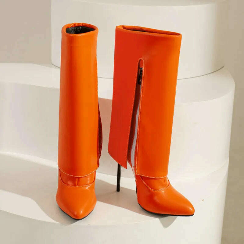 2022 Women Mid Calf Boots Pointed Toe Thin High Heel Ladies Short Boots PU Leather Side Zipper Sexy Women's Boots Plus Size 43 - KIMLUD