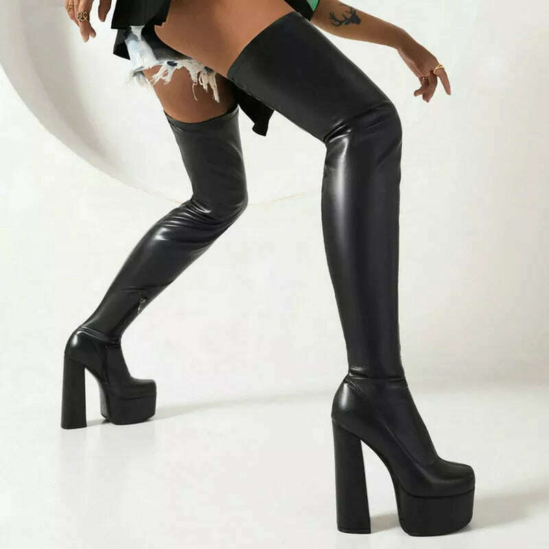 2022 Women Over the Knee Boots Platform Square High Heel Ladies Long Boots PU Leather Round Toe Zipper Party Women's Shoes Black - KIMLUD