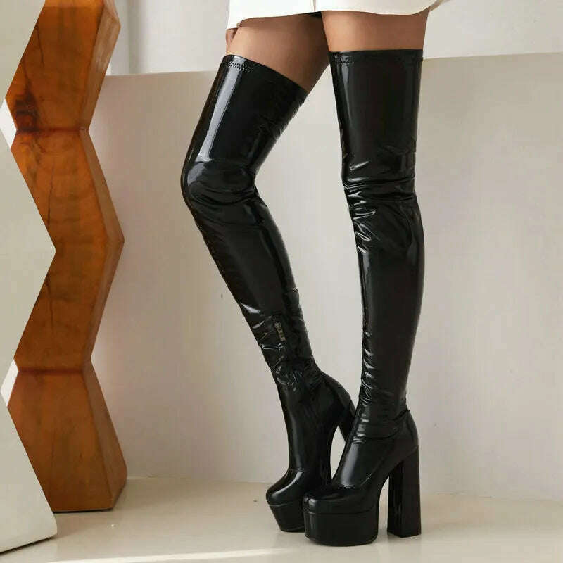 2022 Women Over the Knee Boots Platform Square High Heel Ladies Long Boots PU Leather Round Toe Zipper Party Women's Shoes Black - KIMLUD