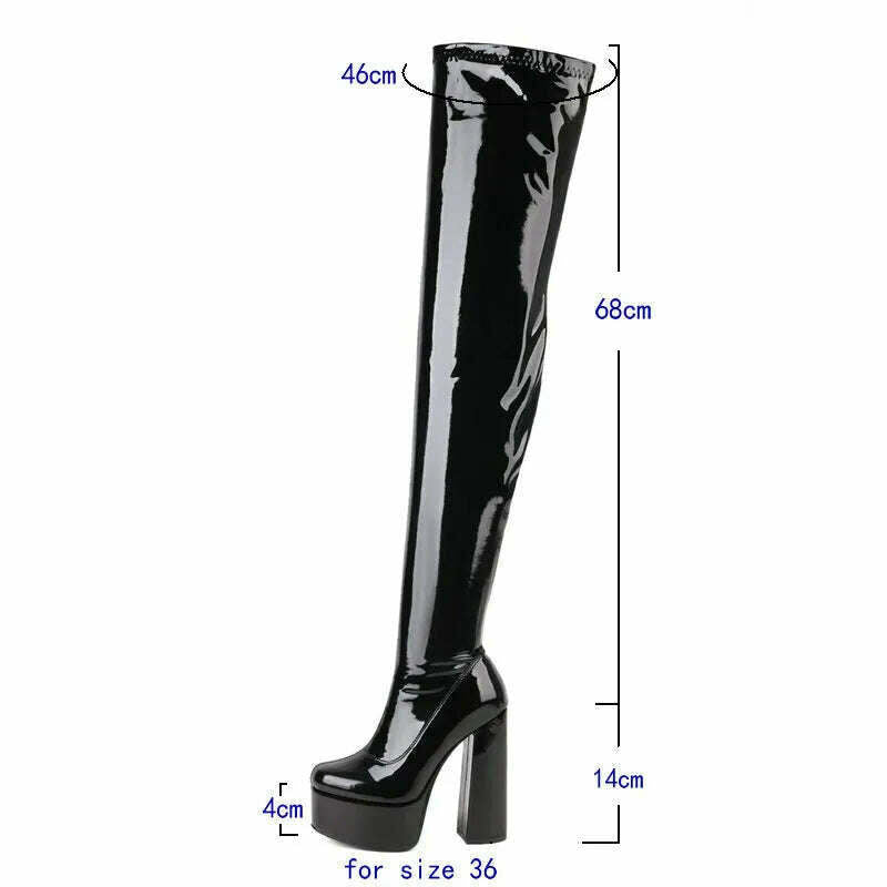 2022 Women Over the Knee Boots Platform Square High Heel Ladies Long Boots PU Leather Round Toe Zipper Party Women's Shoes Black - KIMLUD