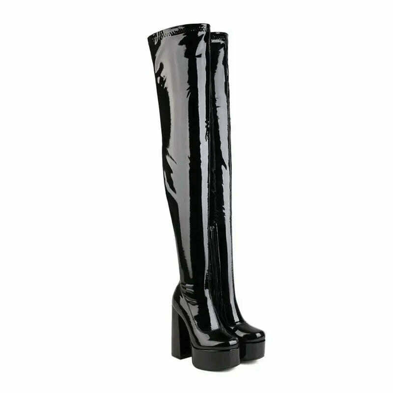 2022 Women Over the Knee Boots Platform Square High Heel Ladies Long Boots PU Leather Round Toe Zipper Party Women's Shoes Black - KIMLUD