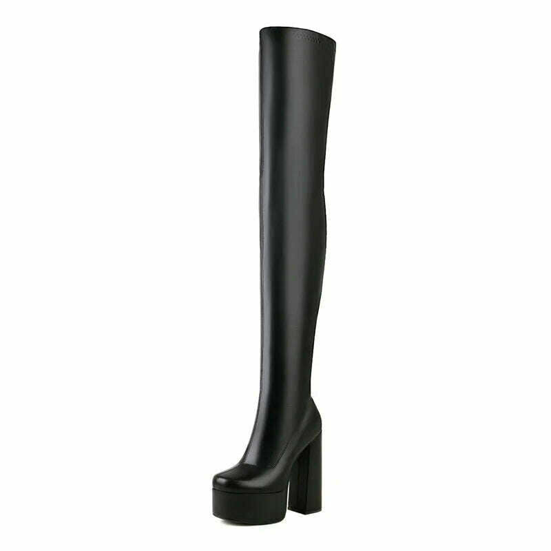 2022 Women Over the Knee Boots Platform Square High Heel Ladies Long Boots PU Leather Round Toe Zipper Party Women's Shoes Black - KIMLUD