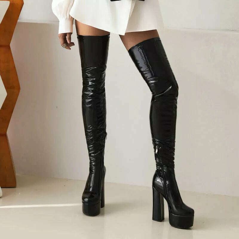 2022 Women Over the Knee Boots Platform Square High Heel Ladies Long Boots PU Leather Round Toe Zipper Party Women's Shoes Black - KIMLUD