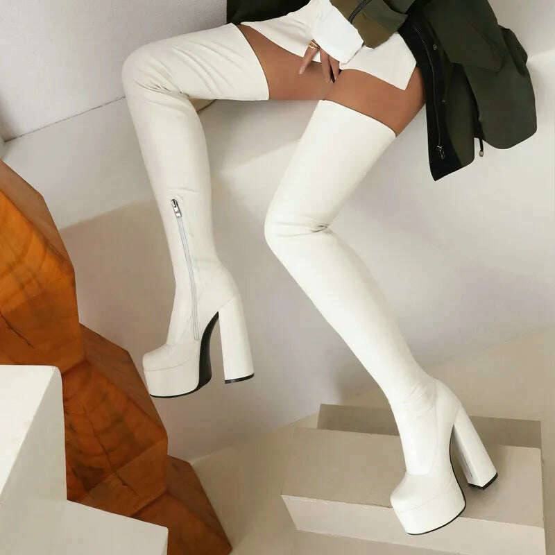 2022 Women Over the Knee Boots Platform Square High Heel Ladies Long Boots PU Leather Round Toe Zipper Party Women's Shoes Black - KIMLUD
