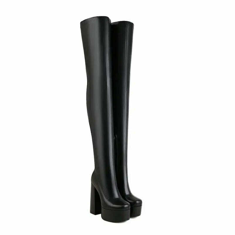 2022 Women Over the Knee Boots Platform Square High Heel Ladies Long Boots PU Leather Round Toe Zipper Party Women's Shoes Black - KIMLUD
