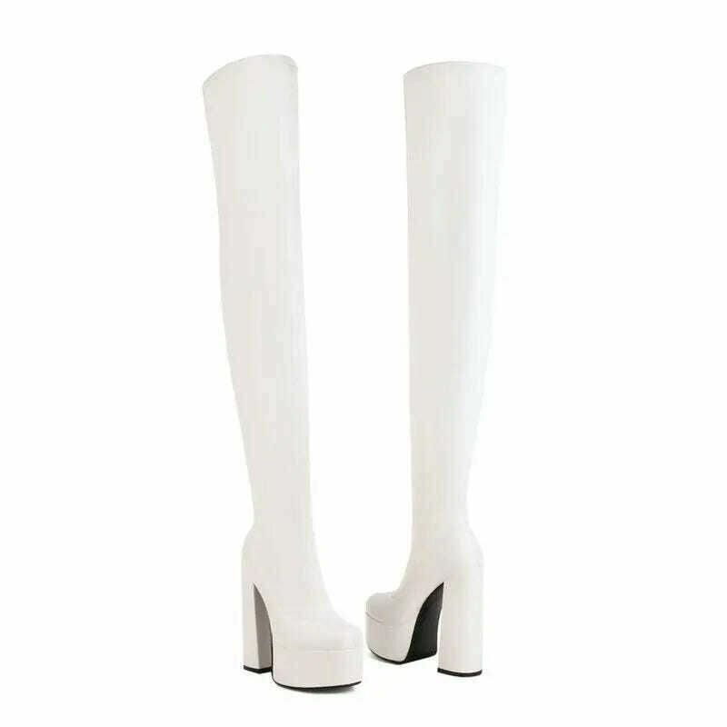 2022 Women Over the Knee Boots Platform Square High Heel Ladies Long Boots PU Leather Round Toe Zipper Party Women's Shoes Black - KIMLUD
