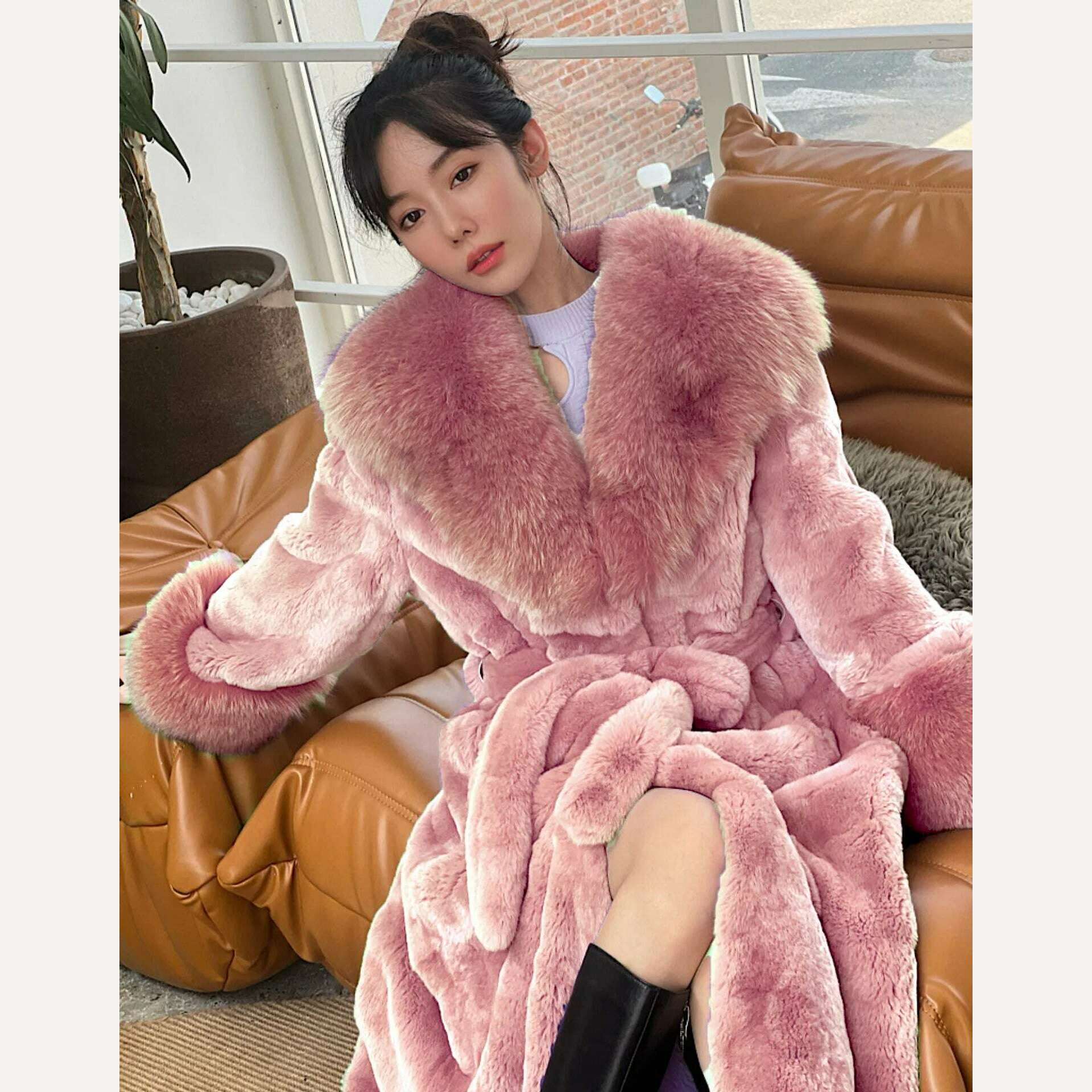 2023 Autumn and Winter Big Fur Collar Fashion Fur Coat Women's Mid-Length Thickened European and American Loose Temperament Coat - KIMLUD
