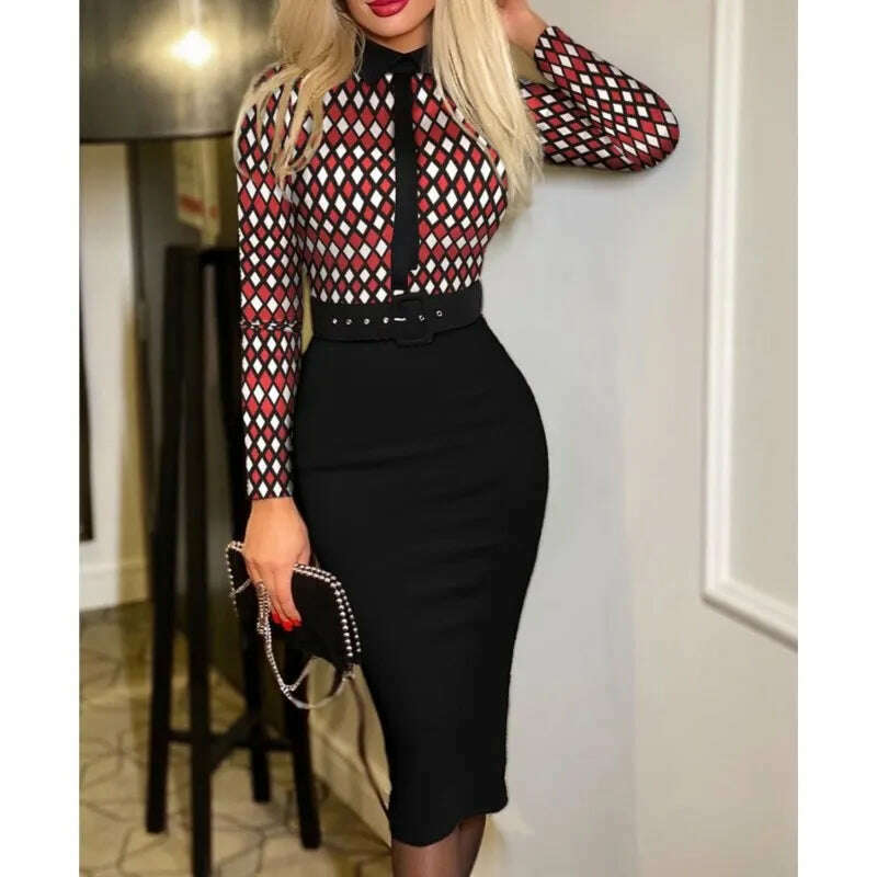 2023 Autumn/Winter Style Temperament Slim Fit Fashion Elegant Women's Suit Collar Pullover Mid Waist A-line Printing Belt Dress - KIMLUD