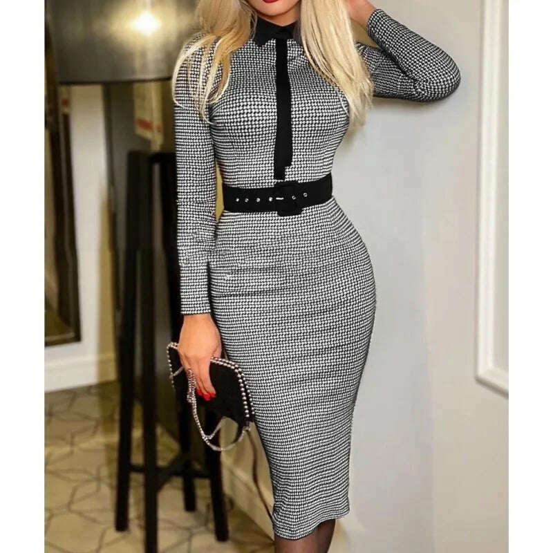 2023 Autumn/Winter Style Temperament Slim Fit Fashion Elegant Women's Suit Collar Pullover Mid Waist A-line Printing Belt Dress - KIMLUD