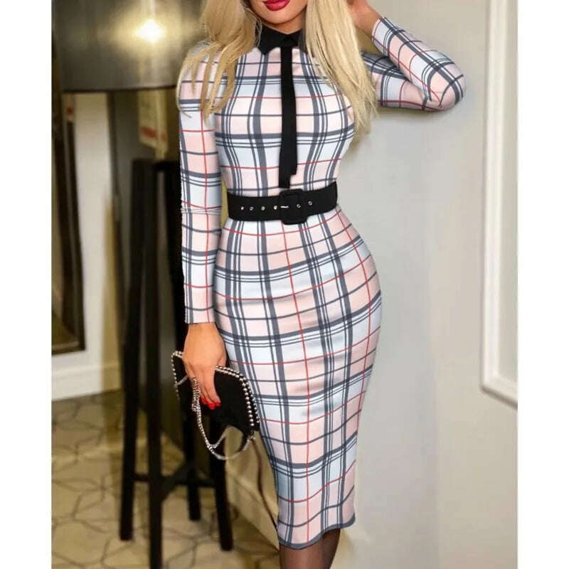 2023 Autumn/Winter Style Temperament Slim Fit Fashion Elegant Women's Suit Collar Pullover Mid Waist A-line Printing Belt Dress - KIMLUD