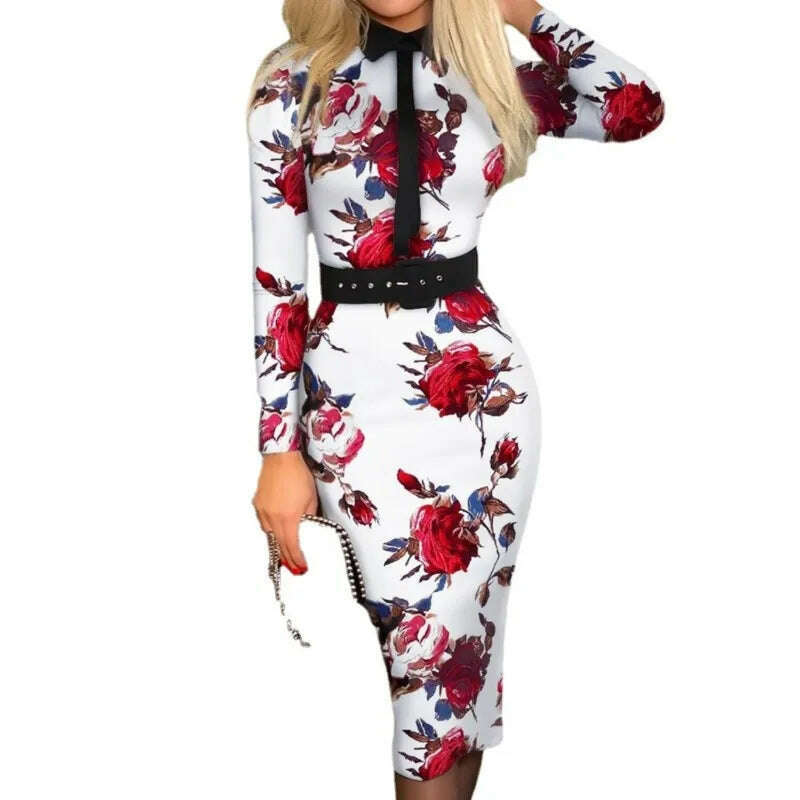 2023 Autumn/Winter Style Temperament Slim Fit Fashion Elegant Women's Suit Collar Pullover Mid Waist A-line Printing Belt Dress - KIMLUD