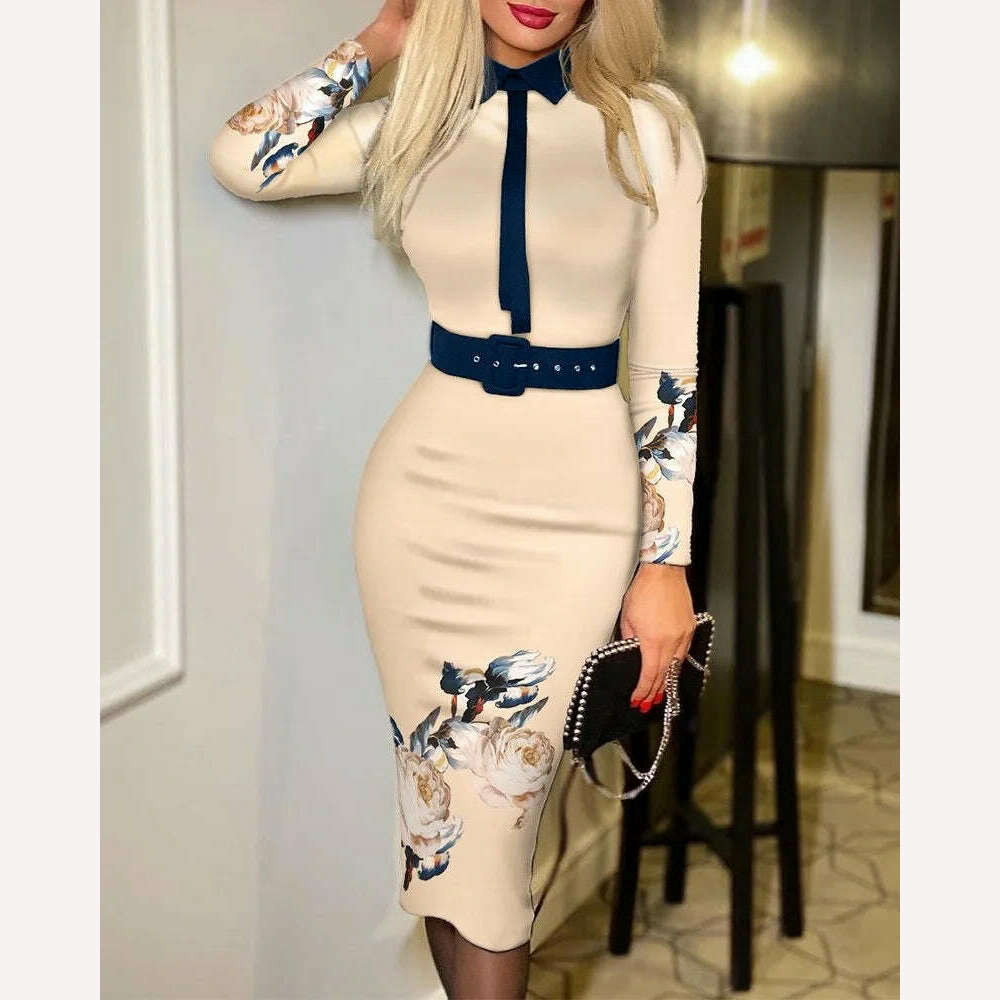 2023 Autumn/Winter Style Temperament Slim Fit Fashion Elegant Women's Suit Collar Pullover Mid Waist A-line Printing Belt Dress - KIMLUD