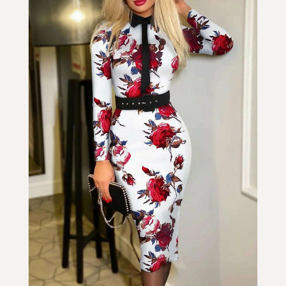 2023 Autumn/Winter Style Temperament Slim Fit Fashion Elegant Women's Suit Collar Pullover Mid Waist A-line Printing Belt Dress - KIMLUD