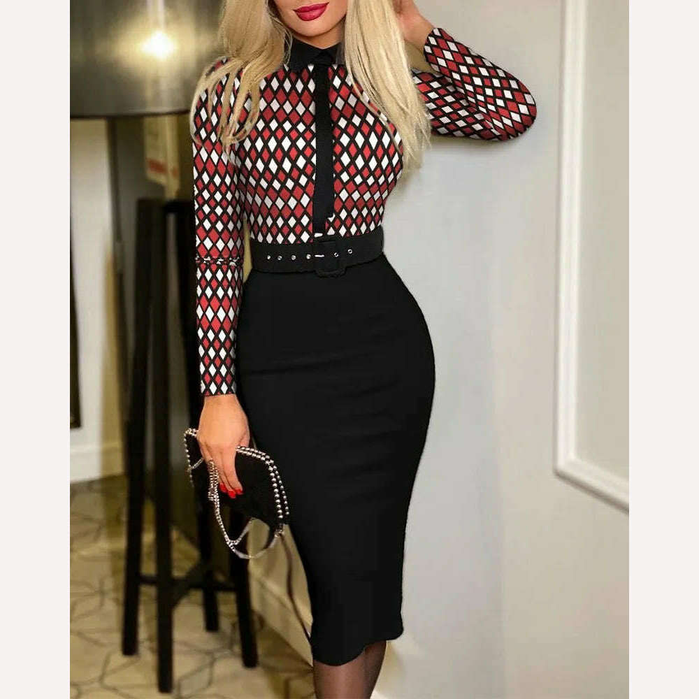 2023 Autumn/Winter Style Temperament Slim Fit Fashion Elegant Women's Suit Collar Pullover Mid Waist A-line Printing Belt Dress - KIMLUD