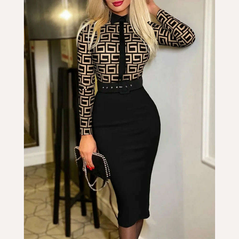 2023 Autumn/Winter Style Temperament Slim Fit Fashion Elegant Women's Suit Collar Pullover Mid Waist A-line Printing Belt Dress - KIMLUD