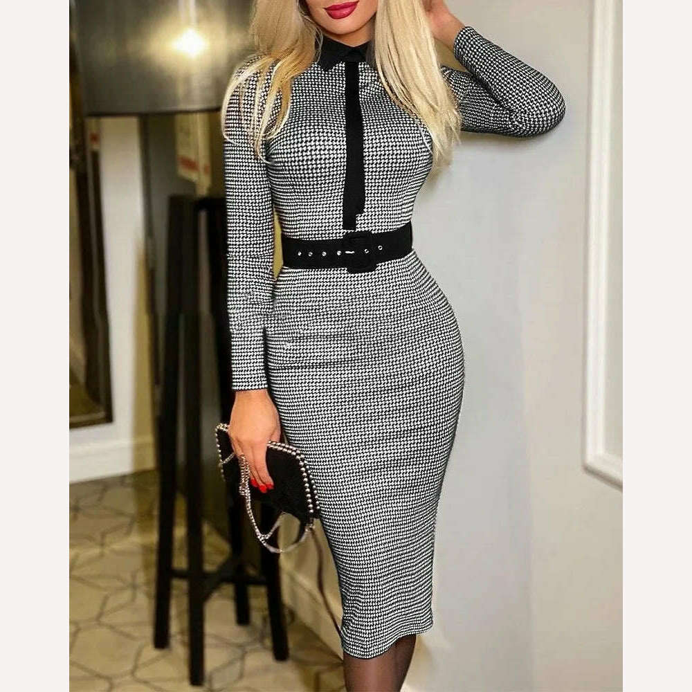 2023 Autumn/Winter Style Temperament Slim Fit Fashion Elegant Women's Suit Collar Pullover Mid Waist A-line Printing Belt Dress - KIMLUD