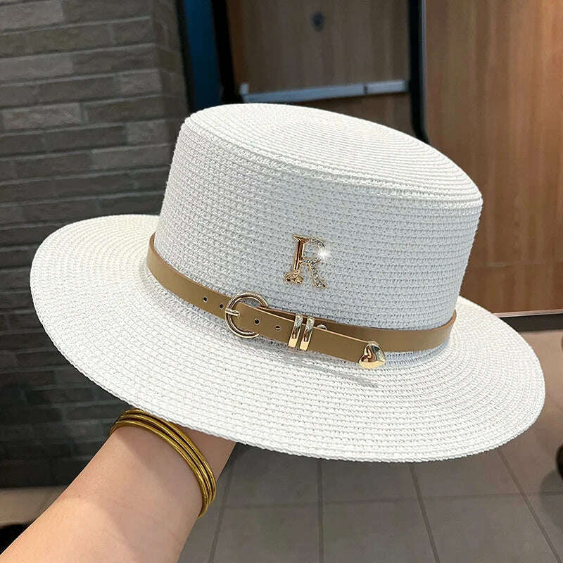 2023 New Metal R Letter Buckle Straw Hat Leisure Summer Sunscreen Hat Women's Fashionable Beach Hat Vintage Hat Church Hats - KIMLUD