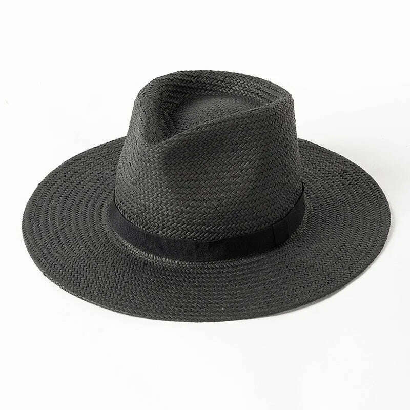 2023 New Plain Band Panama Straw Hats for Women Summer Beach Hats Wide Brim Sun Hat Funeral Church Derby Fedora Cap UPF50+ - KIMLUD