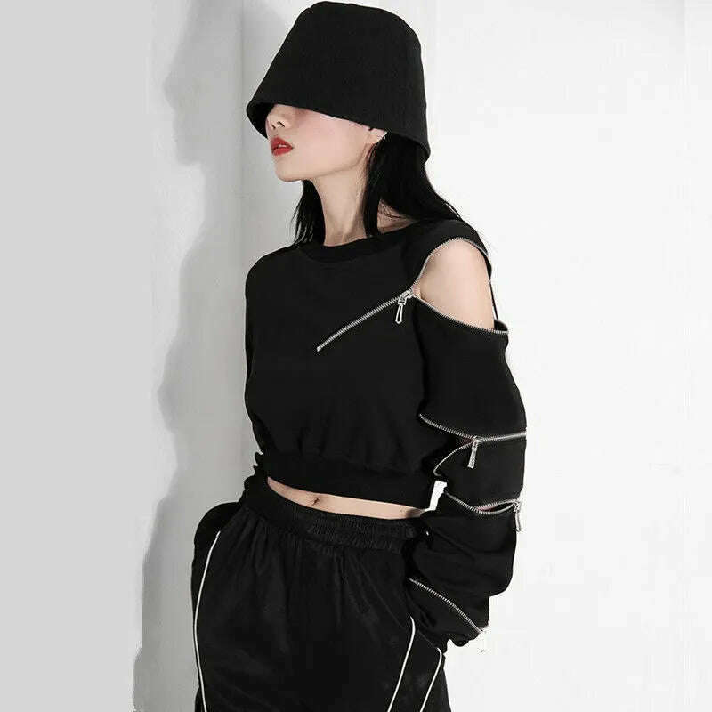 2023 Ropa Mujer Cropped Tops Fashion Hoodies Women O-neck Long Sleeve Zipper Pullovers Chic Hollow Out Sexy Korean Sweatshirt - KIMLUD