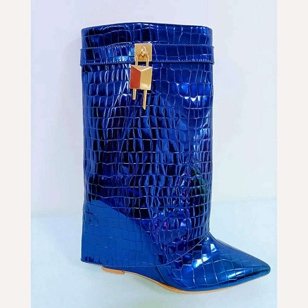 2023 Sequined Women Boots Autumn Winter Fashion Wedges High Heel Calf Boots Western Cowboy Women's Boots Plus Size Shoes - KIMLUD