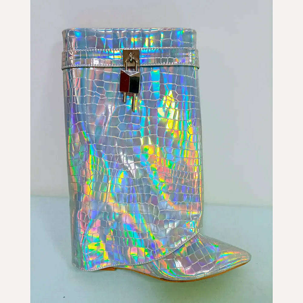2023 Sequined Women Boots Autumn Winter Fashion Wedges High Heel Calf Boots Western Cowboy Women's Boots Plus Size Shoes - KIMLUD