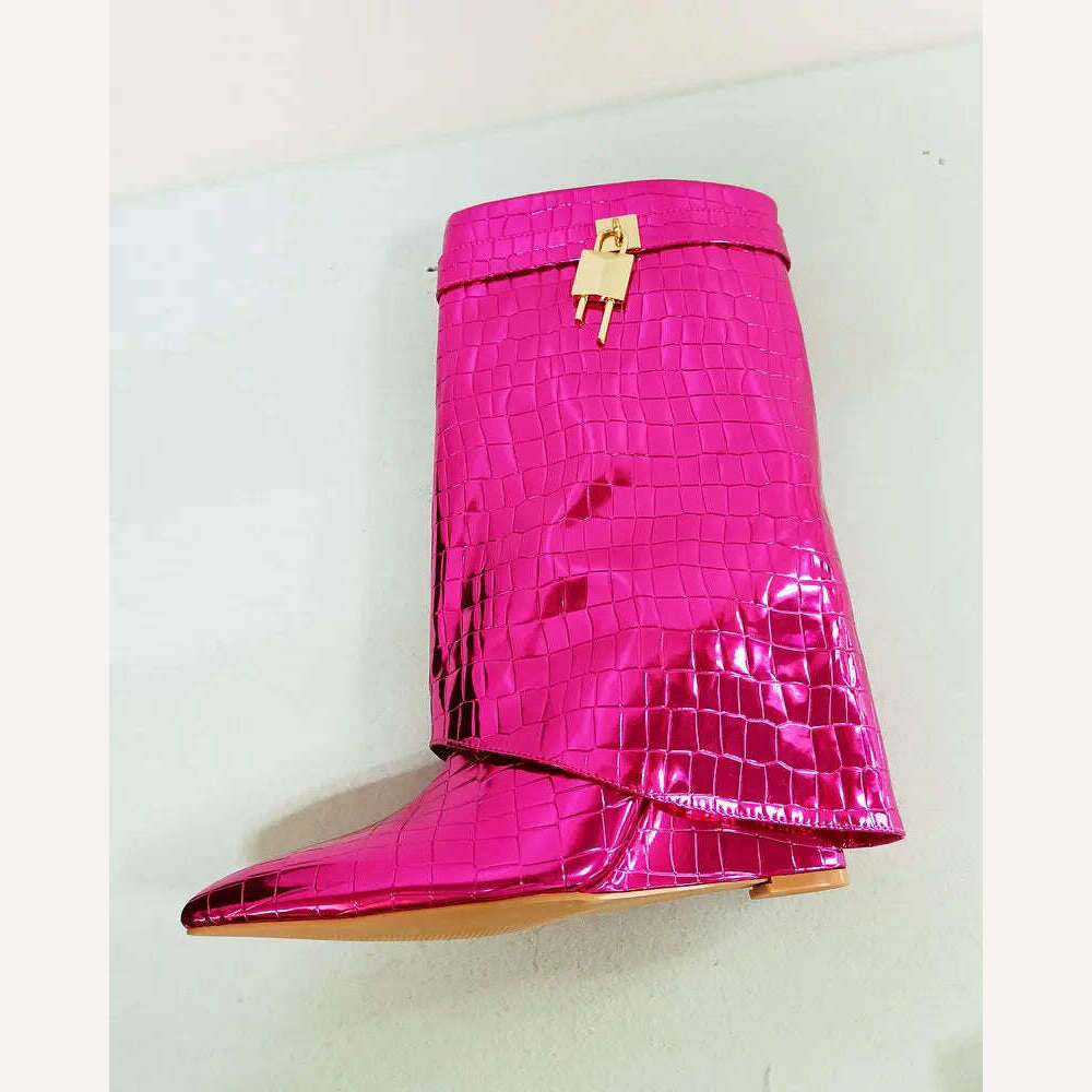 2023 Sequined Women Boots Autumn Winter Fashion Wedges High Heel Calf Boots Western Cowboy Women's Boots Plus Size Shoes - KIMLUD