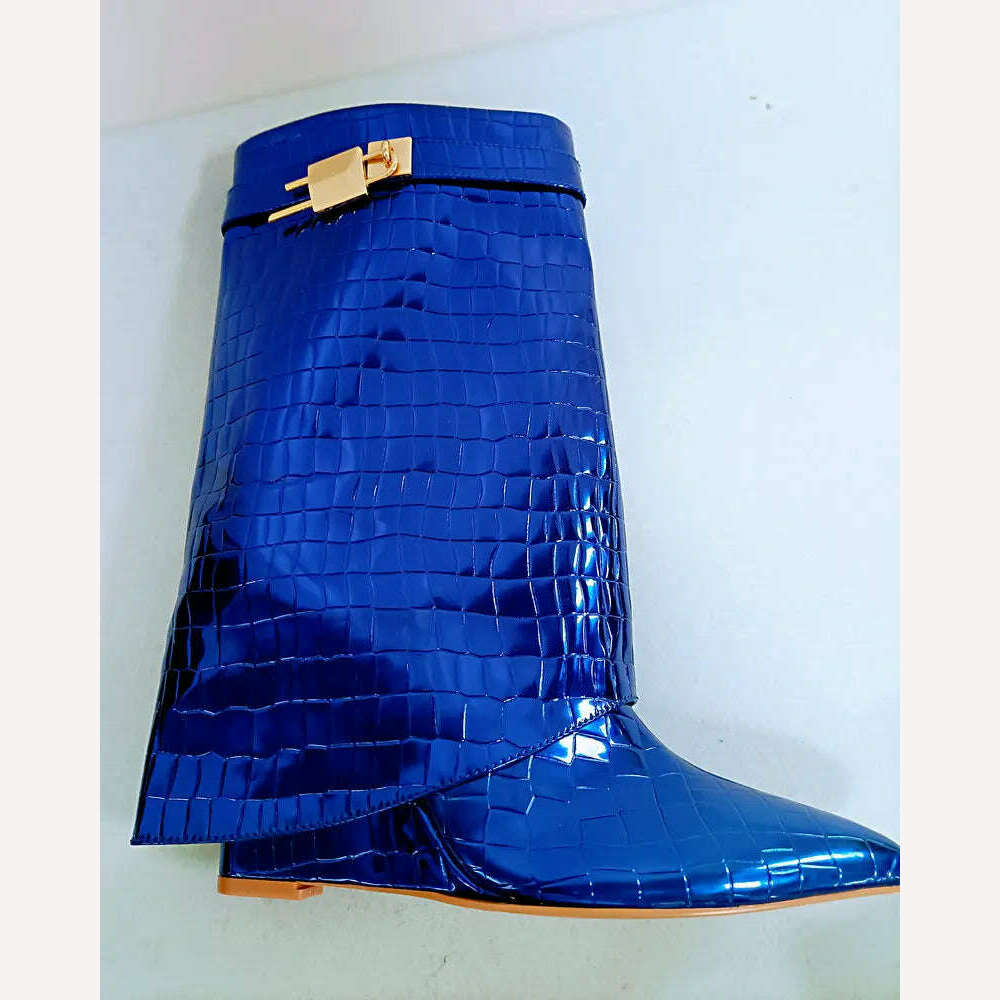 2023 Sequined Women Boots Autumn Winter Fashion Wedges High Heel Calf Boots Western Cowboy Women's Boots Plus Size Shoes - KIMLUD