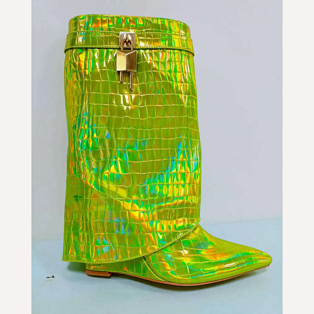 2023 Sequined Women Boots Autumn Winter Fashion Wedges High Heel Calf Boots Western Cowboy Women's Boots Plus Size Shoes - KIMLUD