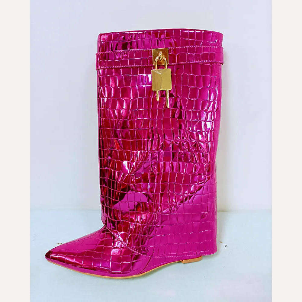 2023 Sequined Women Boots Autumn Winter Fashion Wedges High Heel Calf Boots Western Cowboy Women's Boots Plus Size Shoes - KIMLUD
