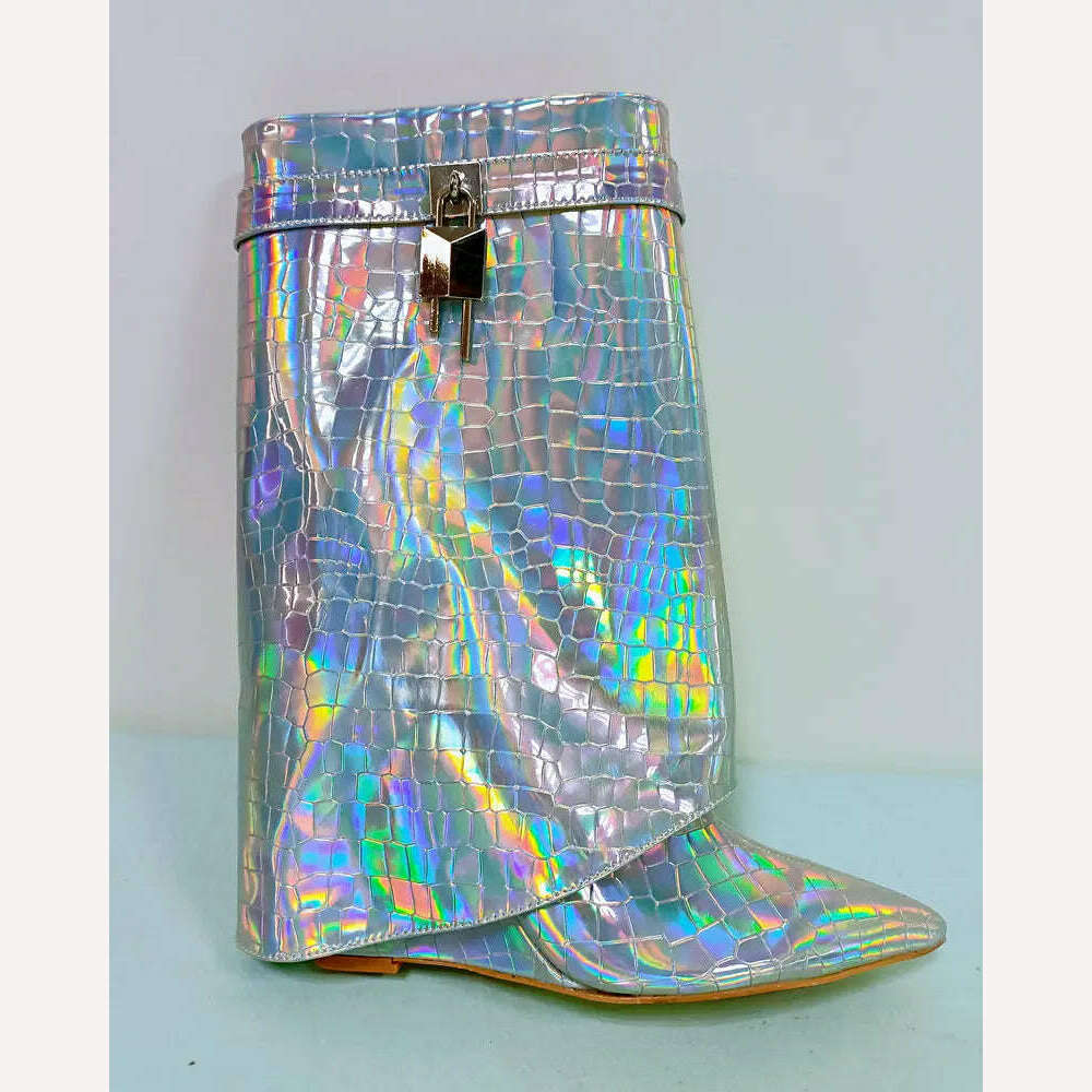 2023 Sequined Women Boots Autumn Winter Fashion Wedges High Heel Calf Boots Western Cowboy Women's Boots Plus Size Shoes - KIMLUD