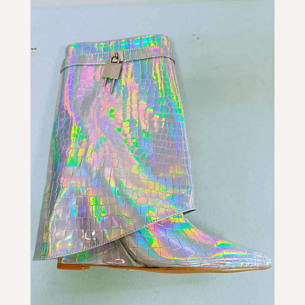 2023 Sequined Women Boots Autumn Winter Fashion Wedges High Heel Calf Boots Western Cowboy Women's Boots Plus Size Shoes - KIMLUD